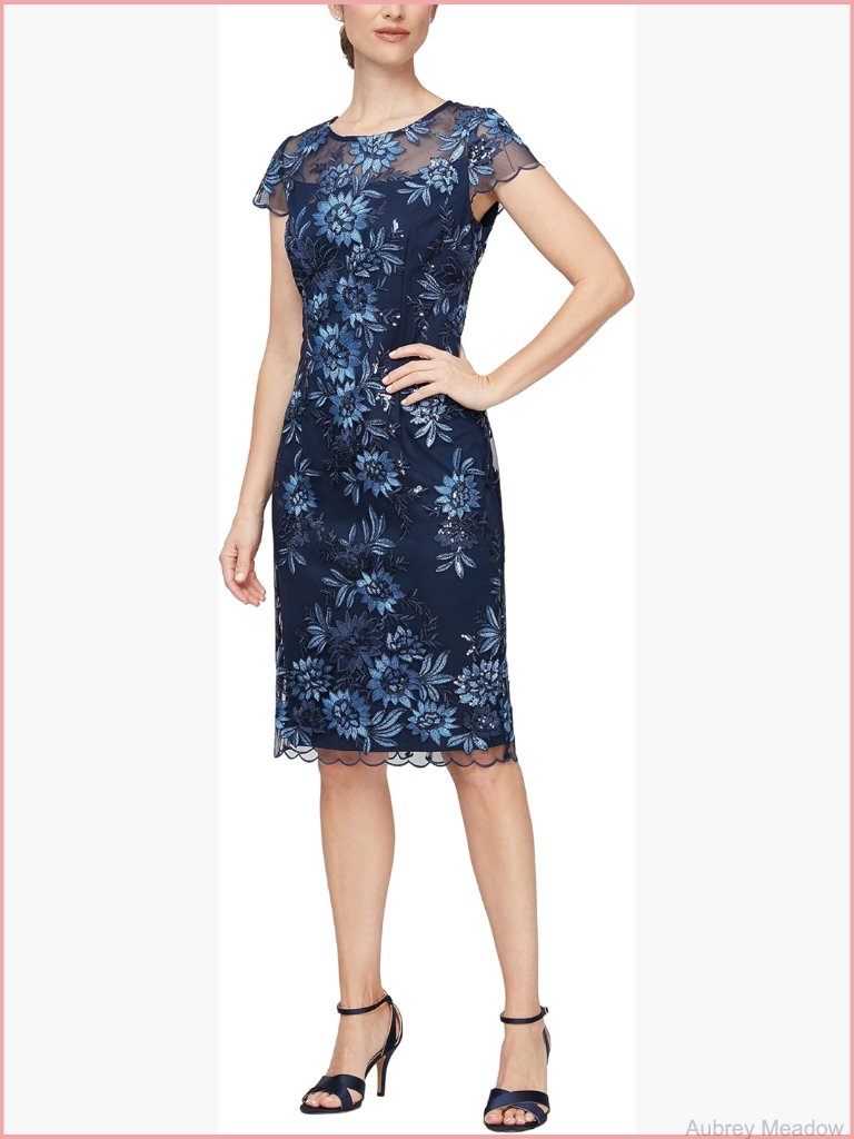 Short Floral Embroidered Sheath Cocktail Dress Wedding Guest